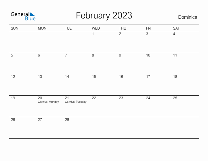 Printable February 2023 Calendar for Dominica