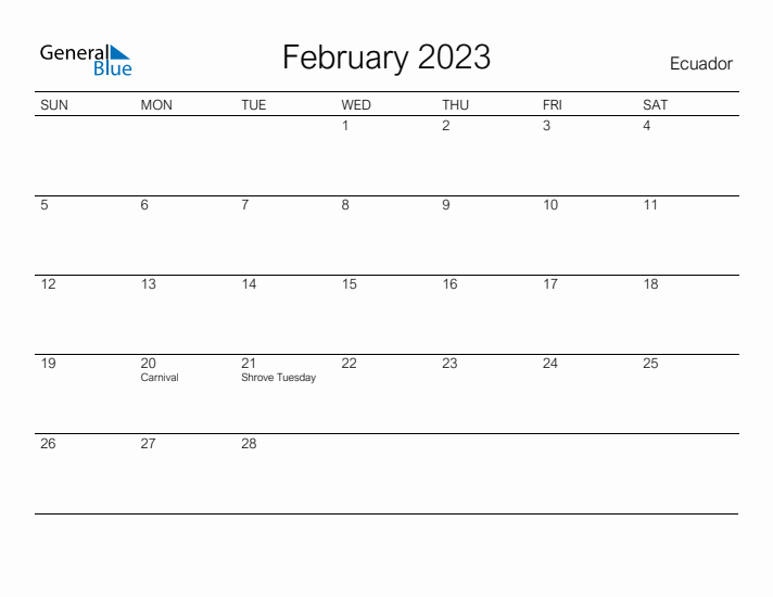 Printable February 2023 Calendar for Ecuador