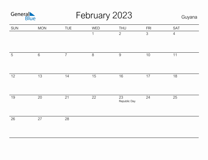 Printable February 2023 Calendar for Guyana