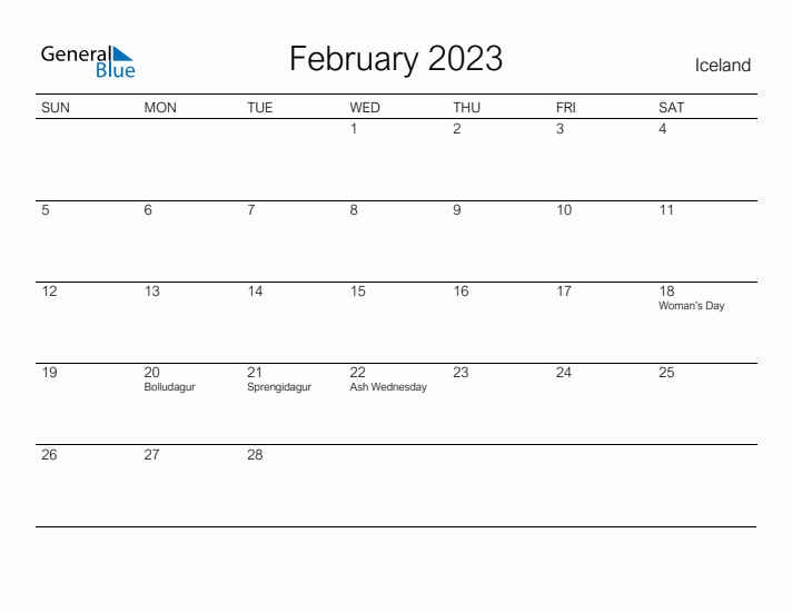 Printable February 2023 Calendar for Iceland