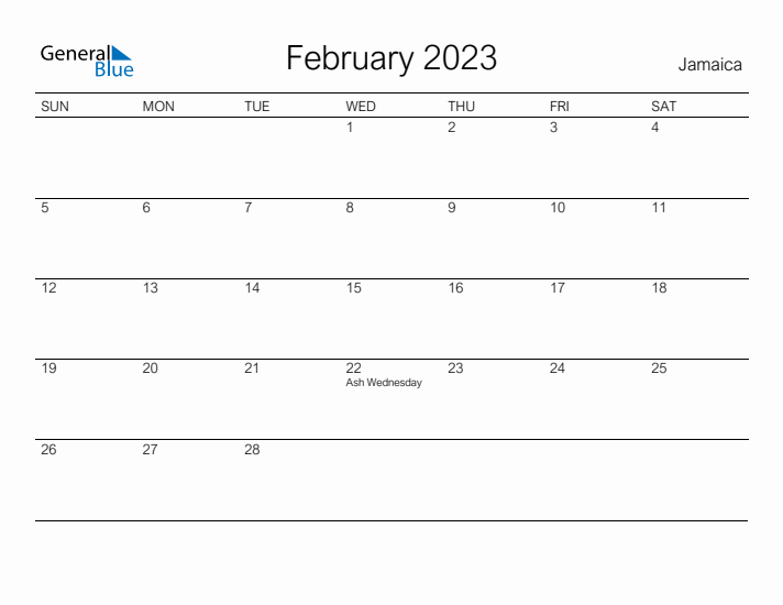 Printable February 2023 Calendar for Jamaica