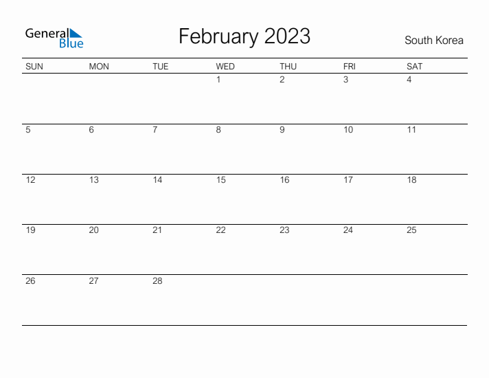 Printable February 2023 Calendar for South Korea