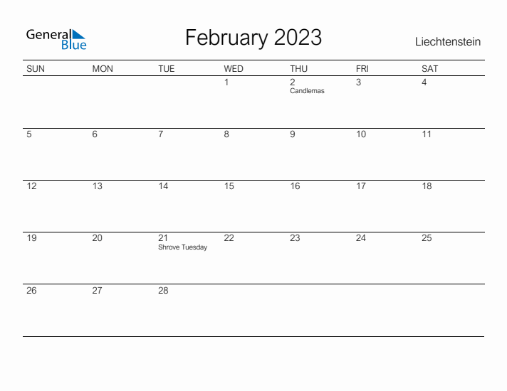 Printable February 2023 Calendar for Liechtenstein