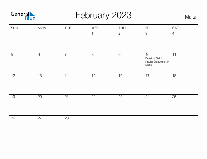 Printable February 2023 Calendar for Malta