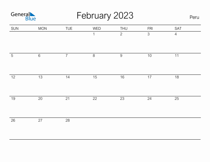 Printable February 2023 Calendar for Peru