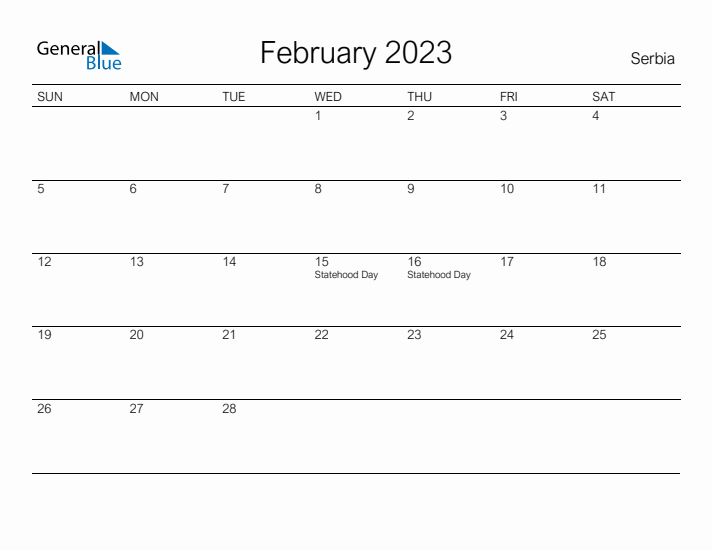 Printable February 2023 Calendar for Serbia