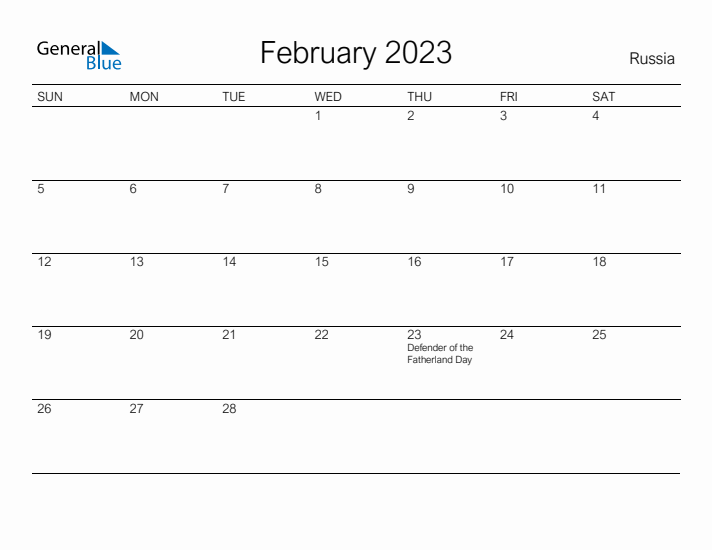 Printable February 2023 Calendar for Russia