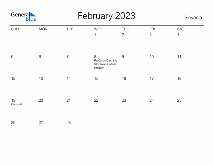 Printable February 2023 Calendar for Slovenia