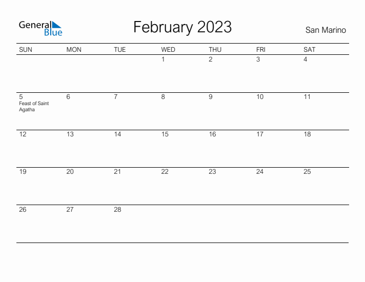 Printable February 2023 Calendar for San Marino