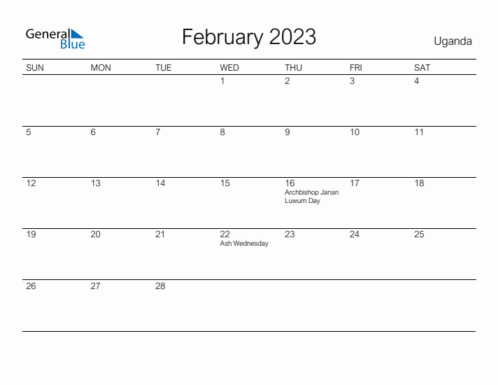 Printable February 2023 Calendar for Uganda