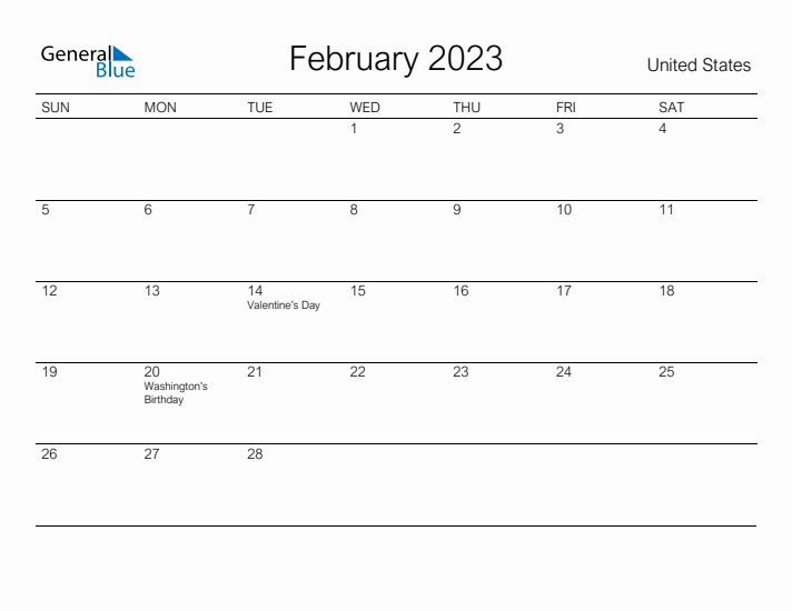 Printable February 2023 Calendar for United States