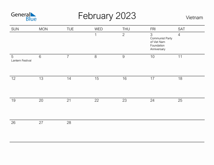Printable February 2023 Calendar for Vietnam