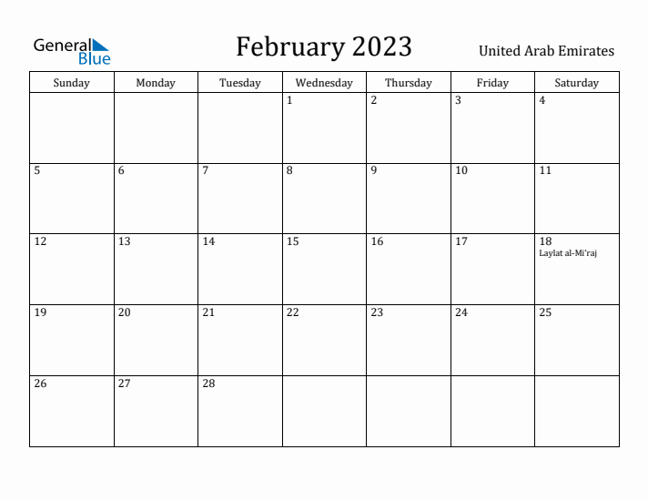 February 2023 Calendar United Arab Emirates