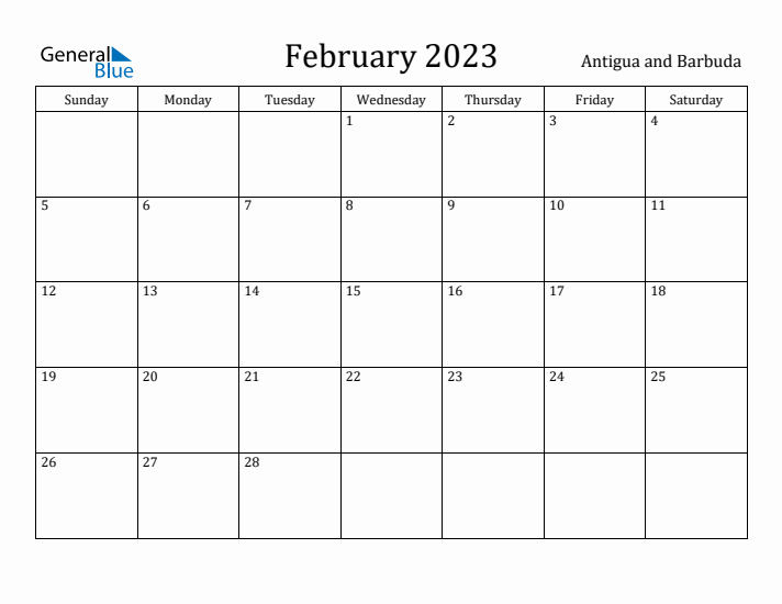 February 2023 Calendar Antigua and Barbuda