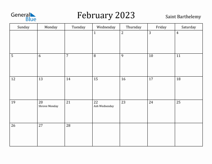 February 2023 Calendar Saint Barthelemy