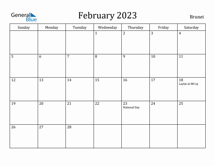 February 2023 Calendar Brunei