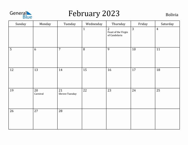 February 2023 Calendar Bolivia