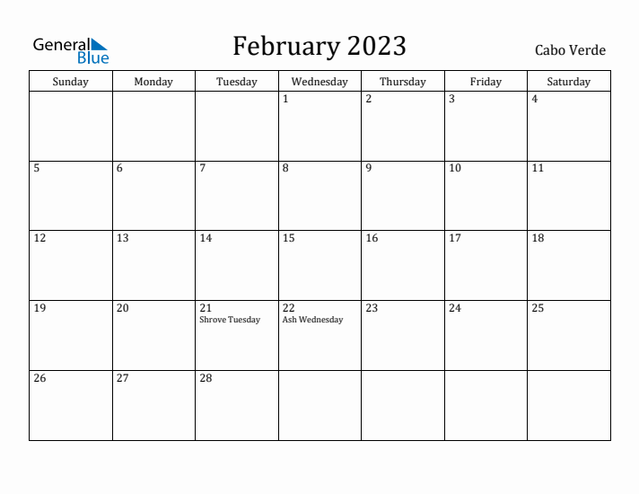 February 2023 Calendar Cabo Verde