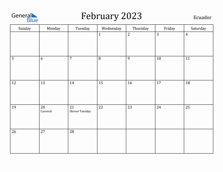 February 2023 Calendar Ecuador