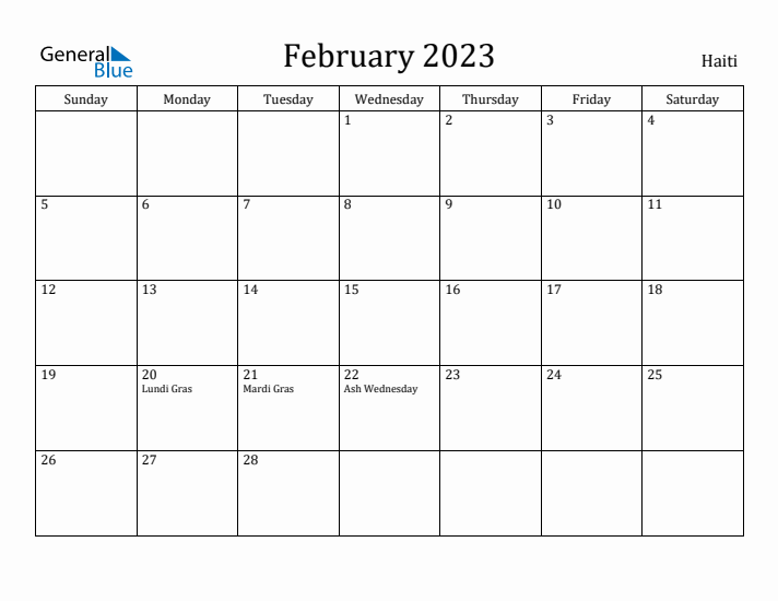 February 2023 Calendar Haiti