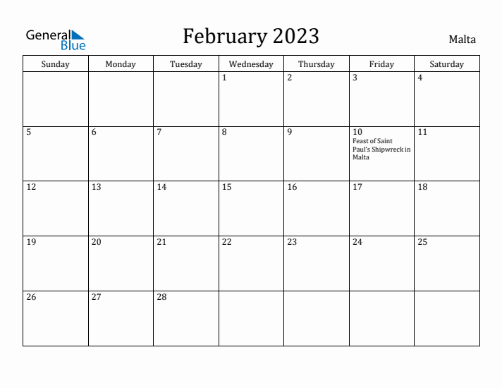 February 2023 Calendar Malta