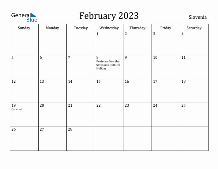 February 2023 Calendar Slovenia