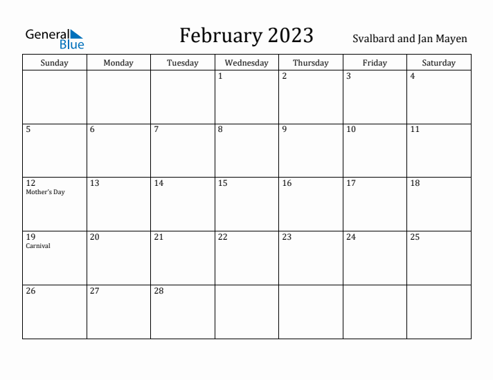 February 2023 Calendar Svalbard and Jan Mayen