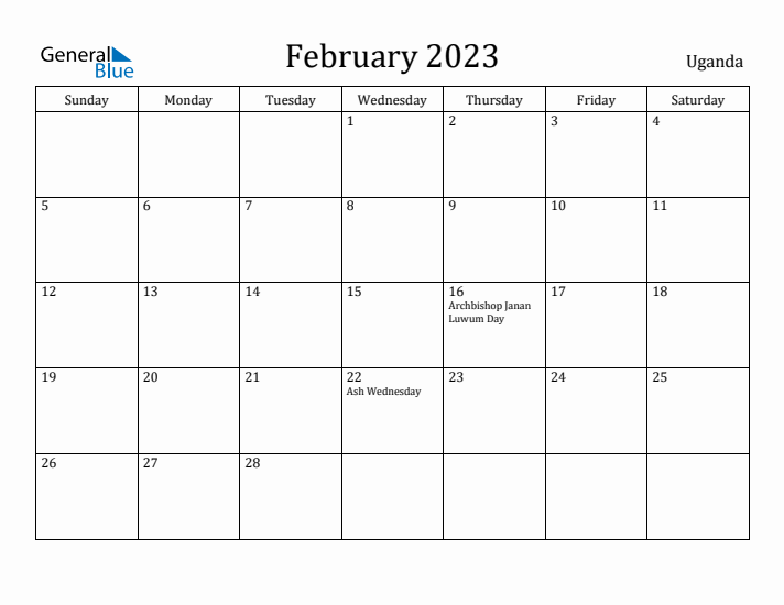February 2023 Calendar Uganda