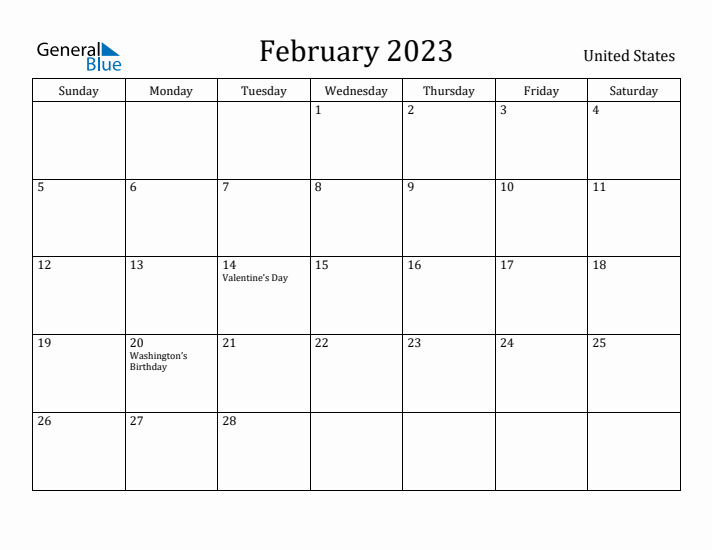 February 2023 Monthly Calendar with United States Holidays