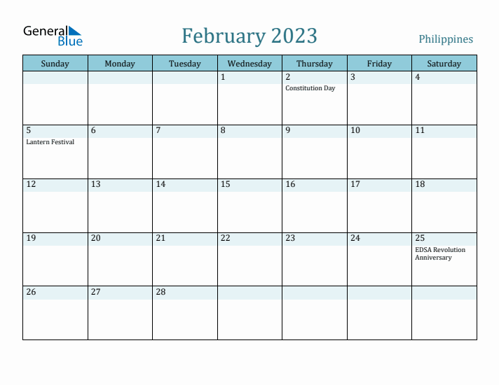 February 2023 Monthly Calendar with Philippines Holidays