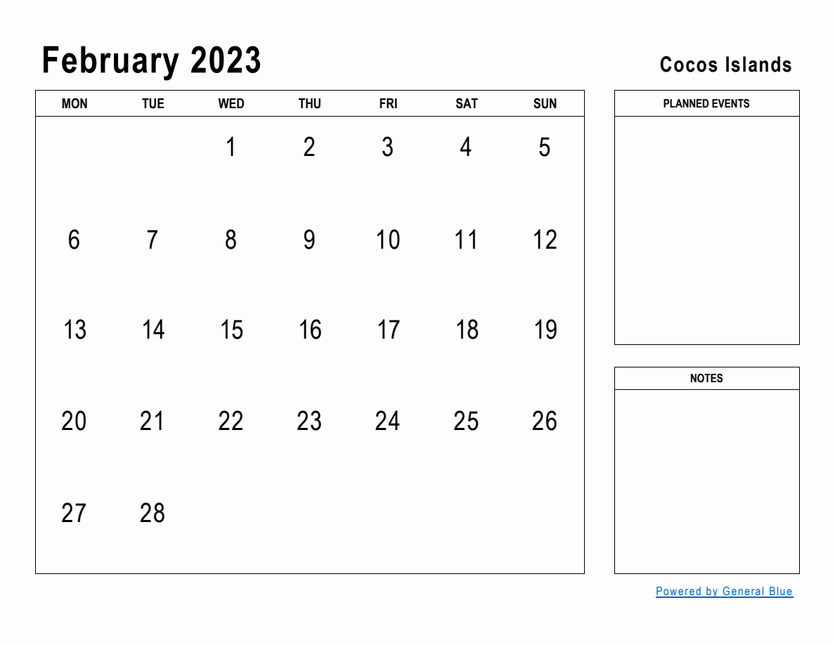 February 2023 Planner with Cocos Islands Holidays