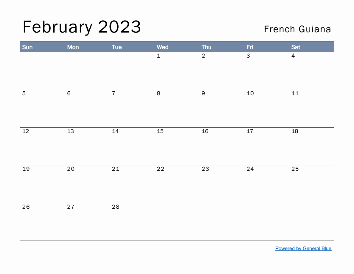 Free Monthly Calendar Template For February 2023 With French Guiana