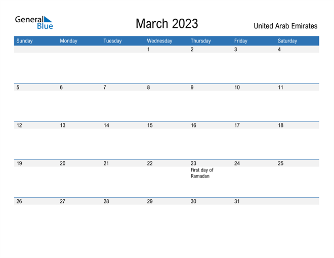 March 2023 Calendar with United Arab Emirates Holidays