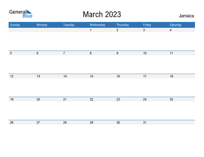 March 2023 Calendar with Jamaica Holidays