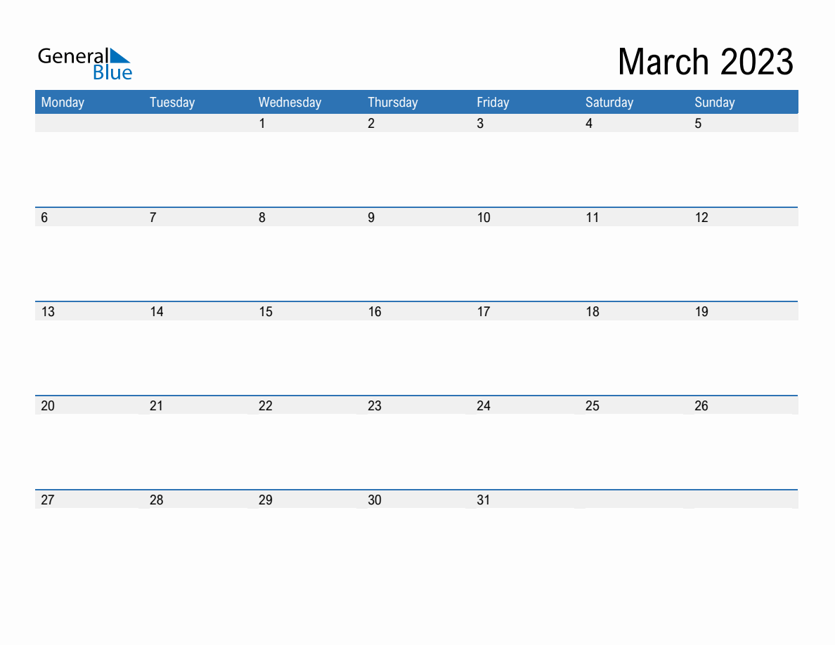 Editable Calendar Template for March 2023