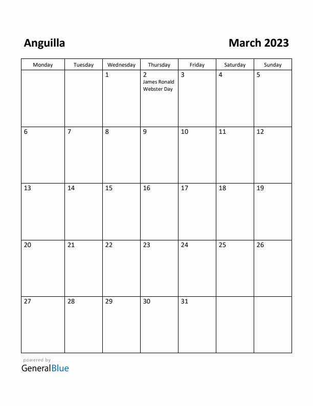 March 2023 Calendar with Anguilla Holidays
