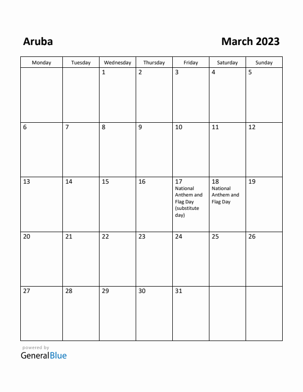 March 2023 Calendar with Aruba Holidays