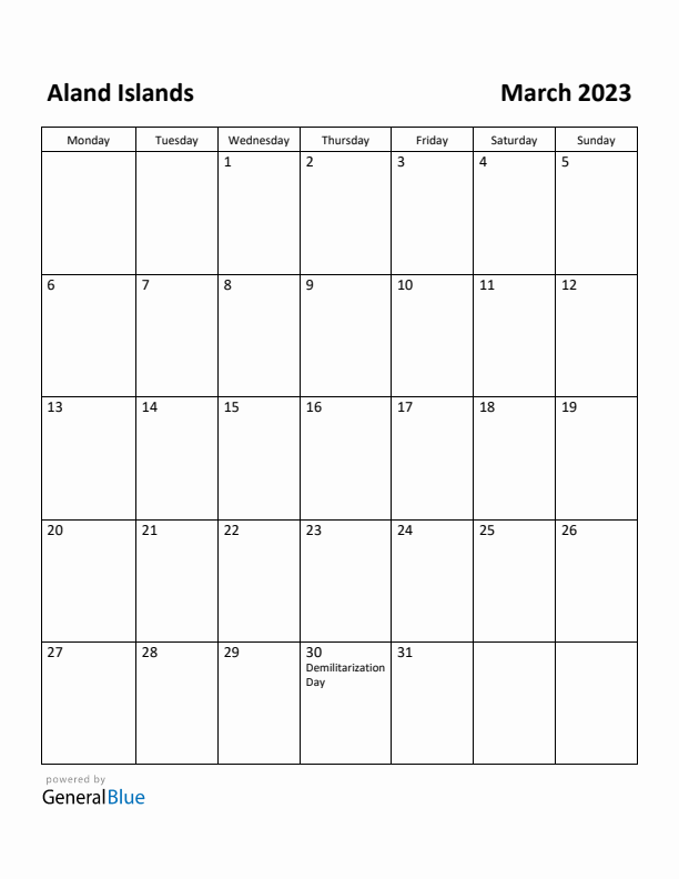 March 2023 Calendar with Aland Islands Holidays