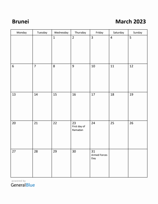 March 2023 Calendar with Brunei Holidays