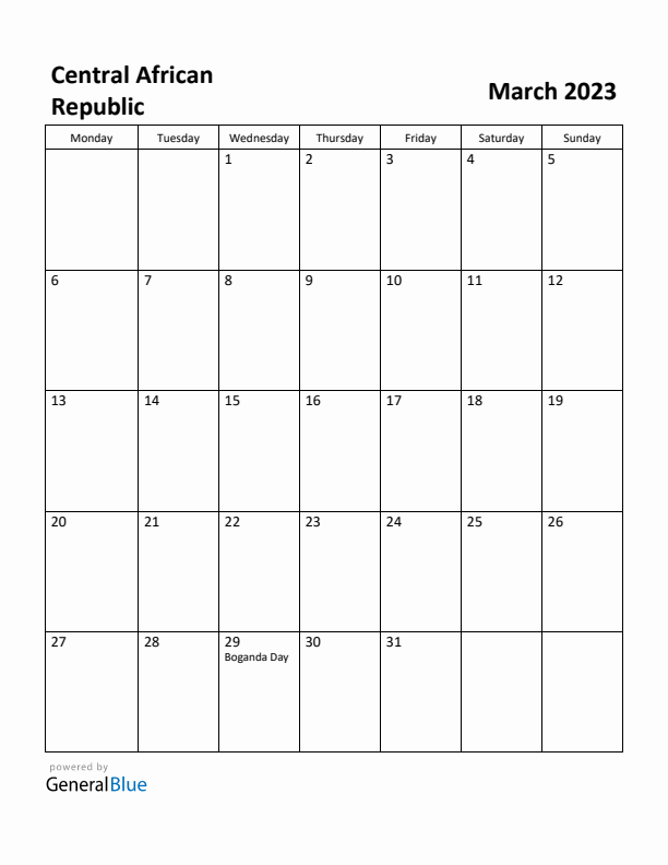 March 2023 Calendar with Central African Republic Holidays