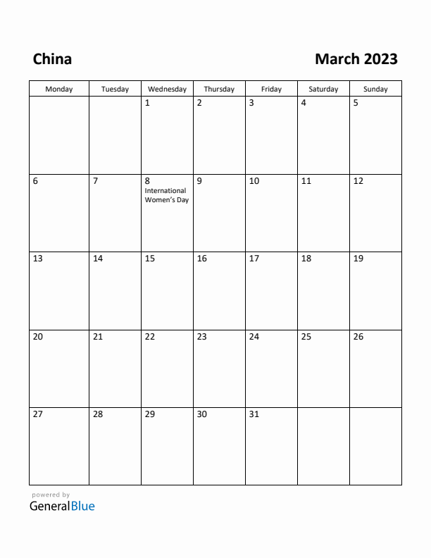 March 2023 Calendar with China Holidays