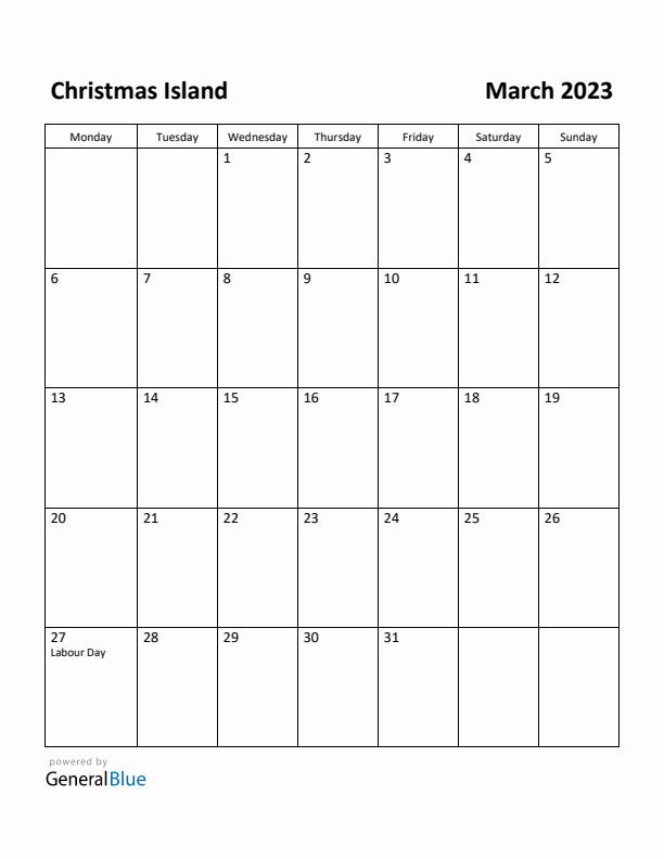 March 2023 Calendar with Christmas Island Holidays