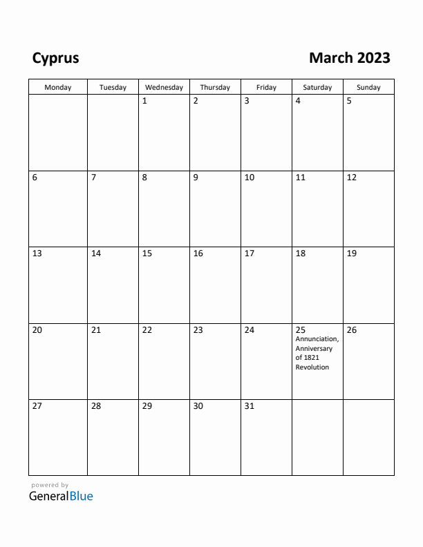 March 2023 Calendar with Cyprus Holidays