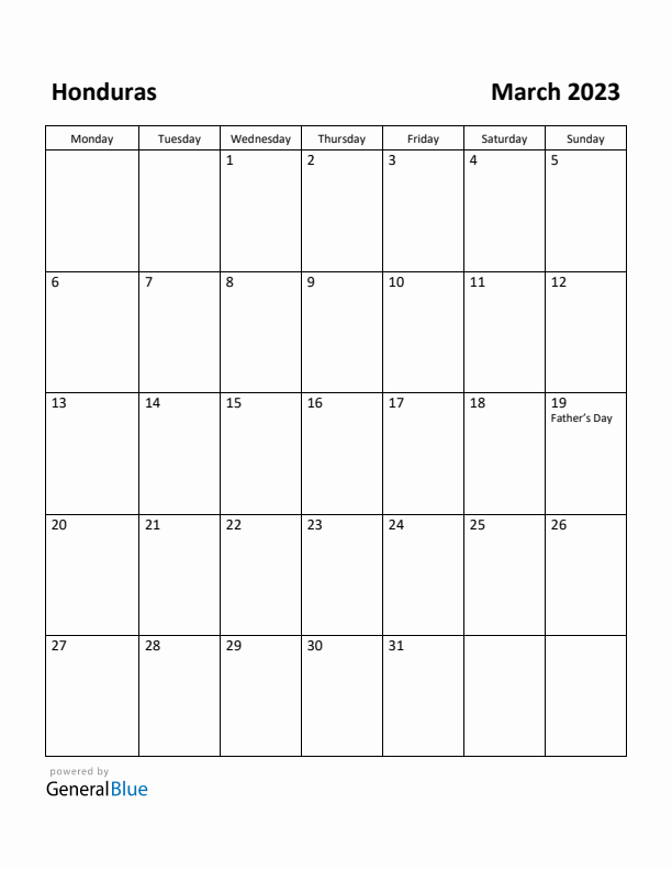 March 2023 Calendar with Honduras Holidays