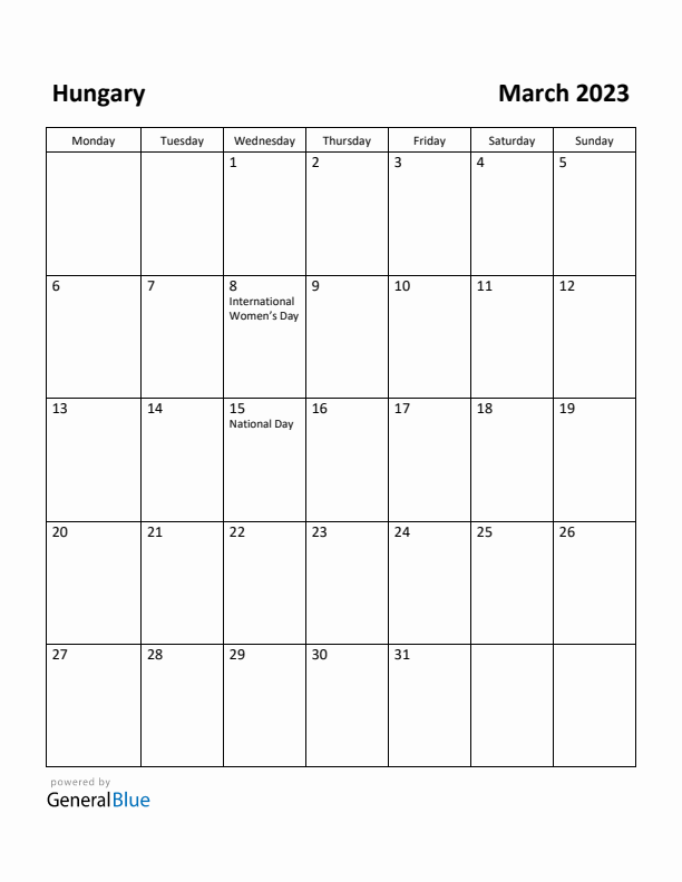 March 2023 Calendar with Hungary Holidays