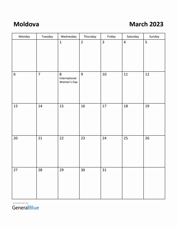 March 2023 Calendar with Moldova Holidays