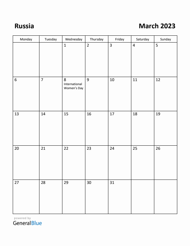 March 2023 Calendar with Russia Holidays