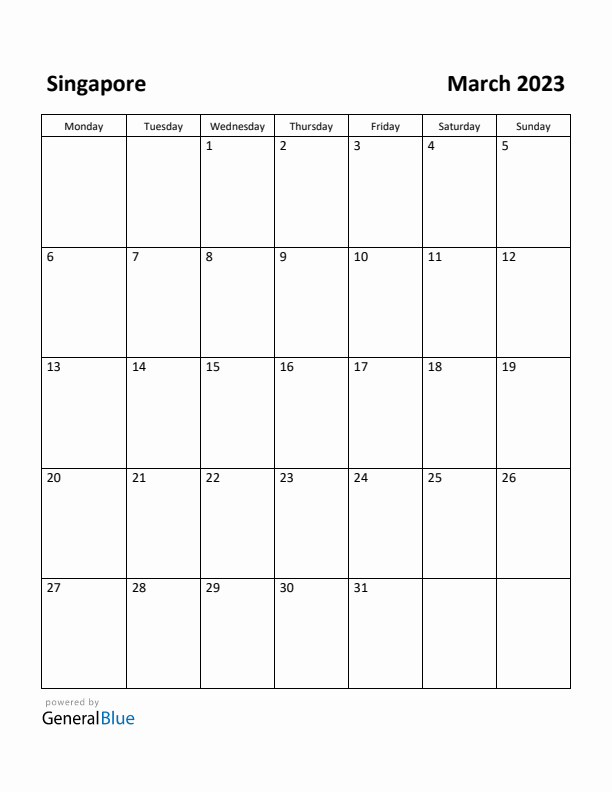 March 2023 Calendar with Singapore Holidays