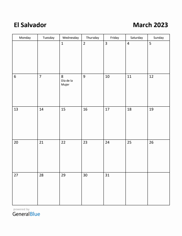 March 2023 Calendar with El Salvador Holidays