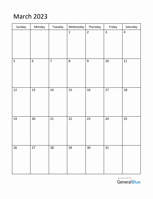 Sunday Start Calendar for March 2023